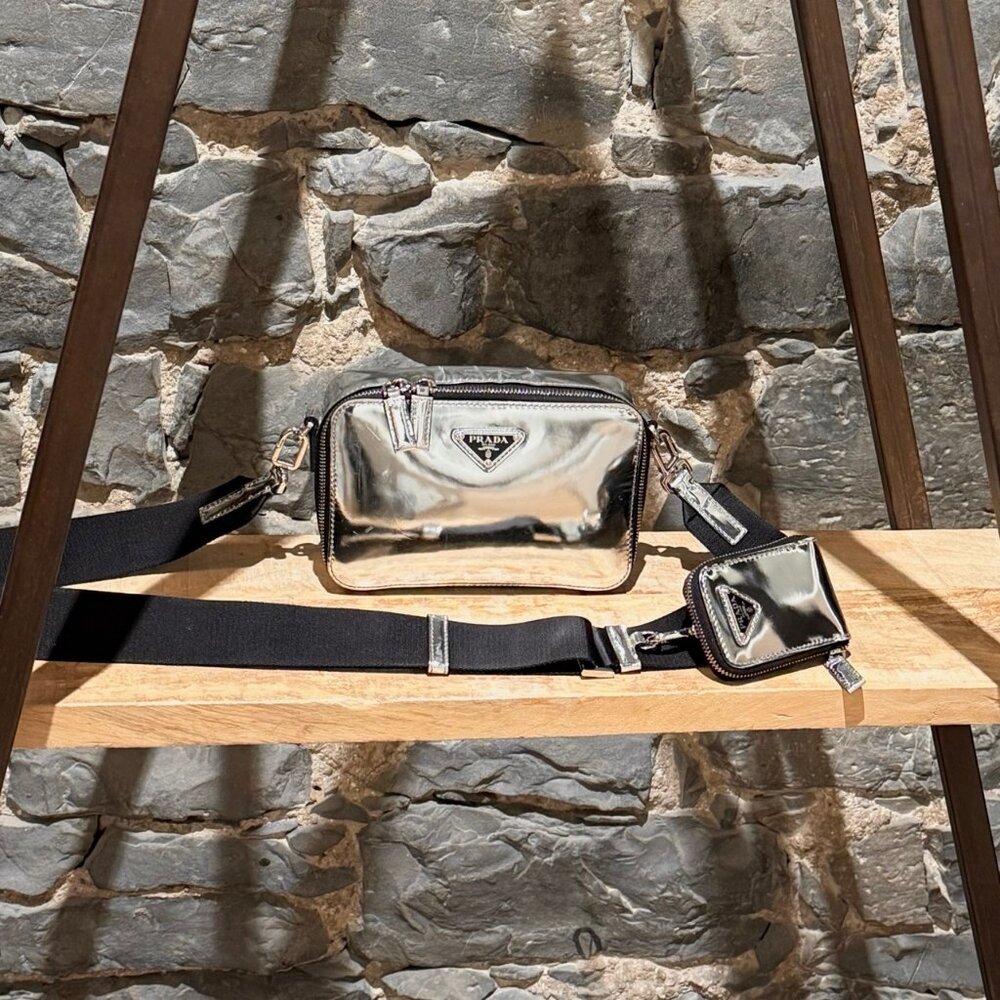 Prada Metallic Silver Chrome Spazzolato Brique Crossbody Bag W/ Pouch